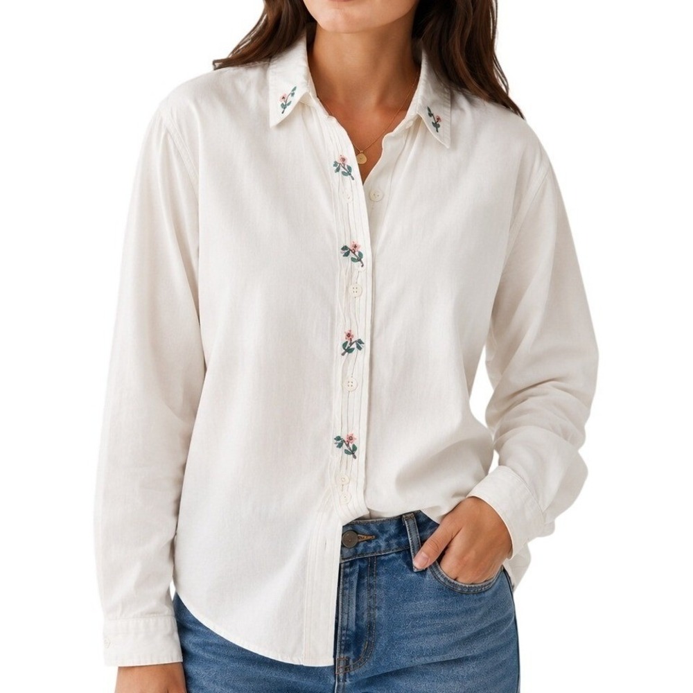 VTG Lassen Sportswear Womens Floral Embroidered Button Up Shirt Size Large